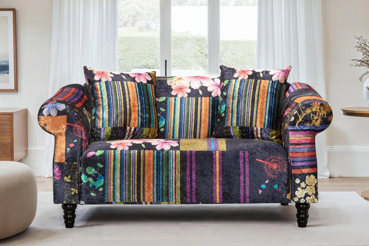 multicoloured fabric patchwork 2 seater