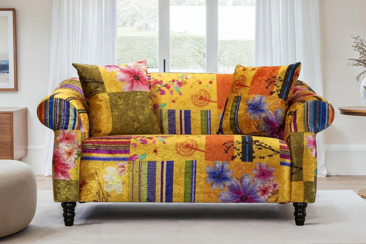 multicoloured fabric patchwork 2 seater