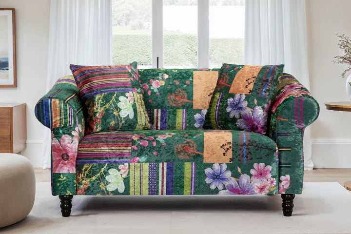 multicoloured fabric patchwork 2 seater