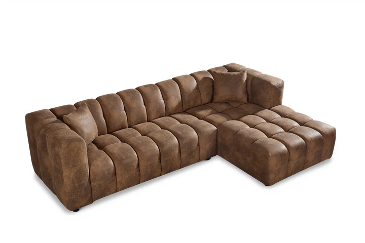 Faux Leather Suede Brown Right Hand Facing Corner Sofa with Ottoman