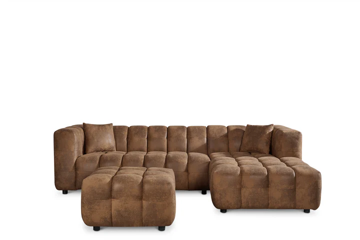 Faux Leather Suede Brown Right Hand Facing Corner Sofa with Ottoman