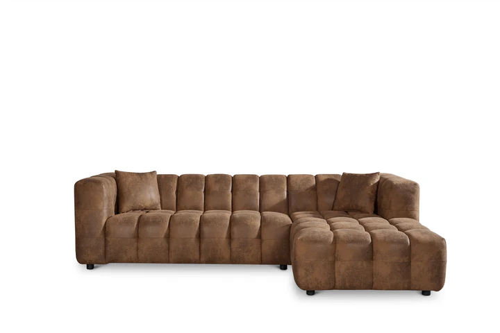 Faux Leather Suede Brown Right Hand Facing Corner Sofa with Ottoman