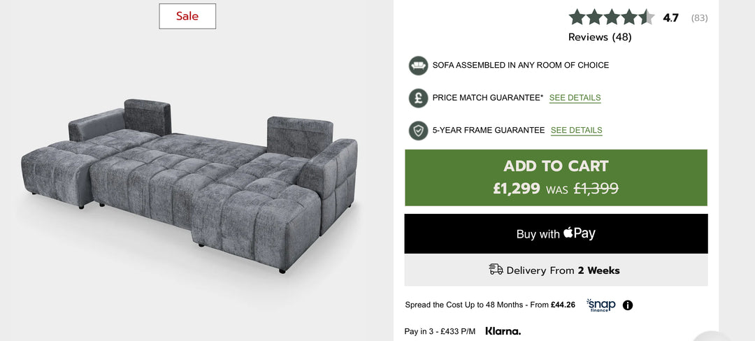 Lora Sofa Bed Graphite U Shape Corner