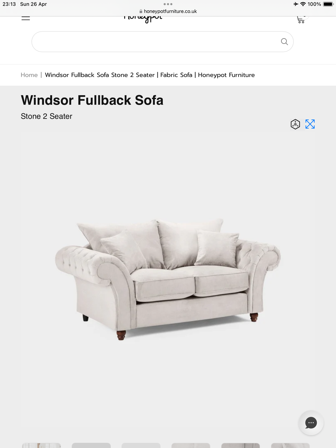 Windsor Fullback Sofa Stone 2 Seater