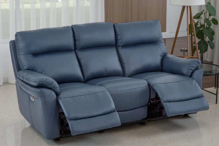 Navy Blue Leather Electric 3 Seater Recliner Sofa