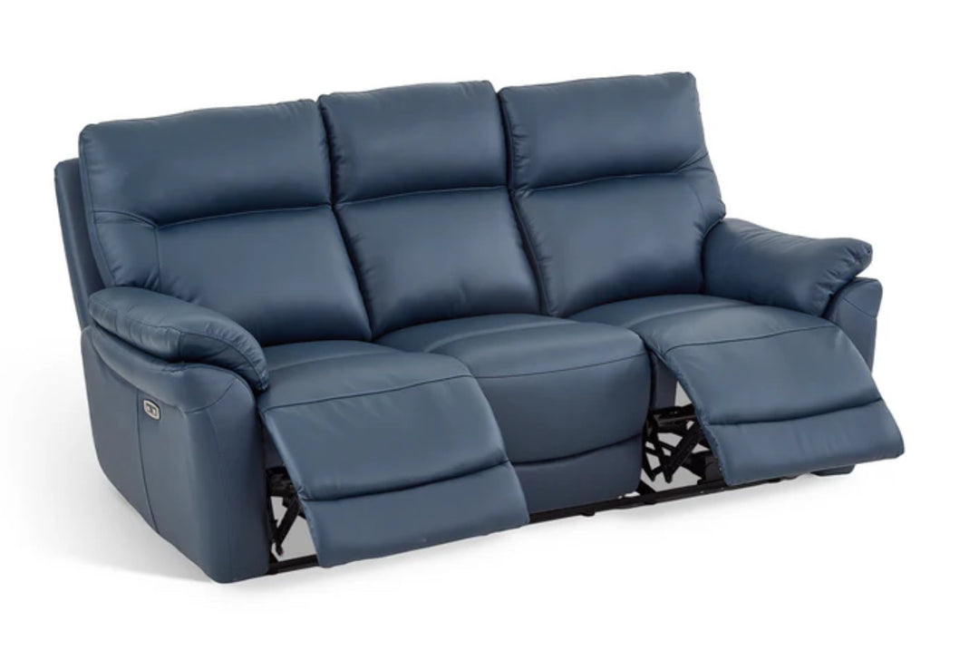 Navy Blue Leather Electric 3 Seater Recliner Sofa