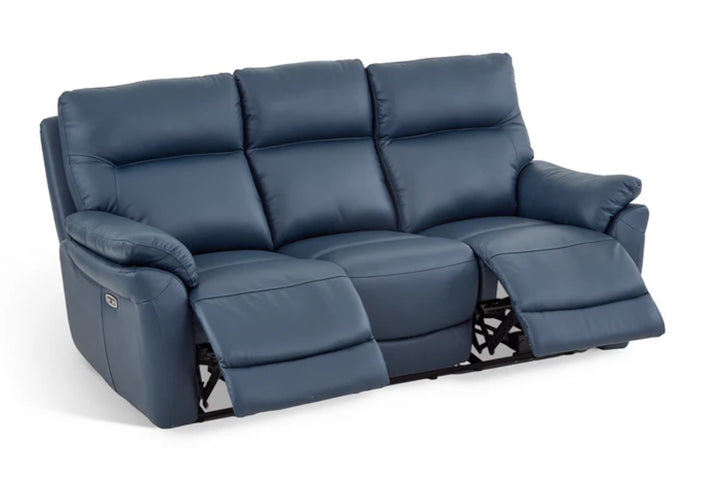 Navy Blue Leather Electric 3 Seater Recliner Sofa