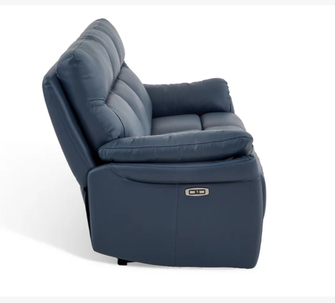 Navy Blue Leather Electric 3 Seater Recliner Sofa