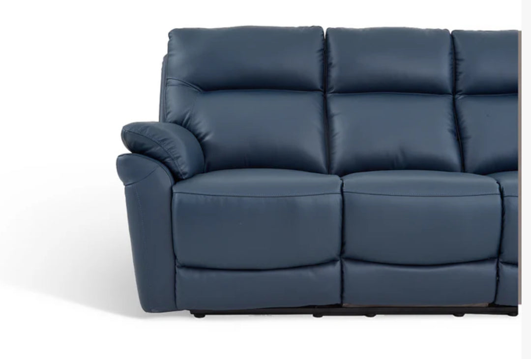 Navy Blue Leather Electric 3 Seater Recliner Sofa