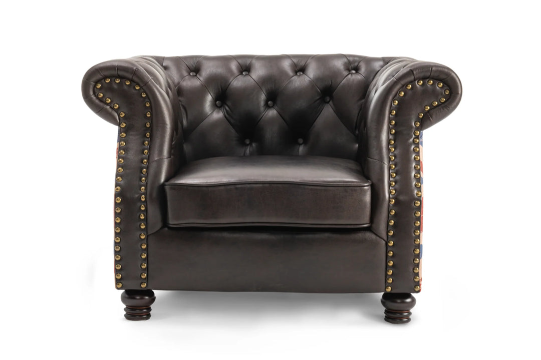 Union Jack brown faux leather Chesterfield chair