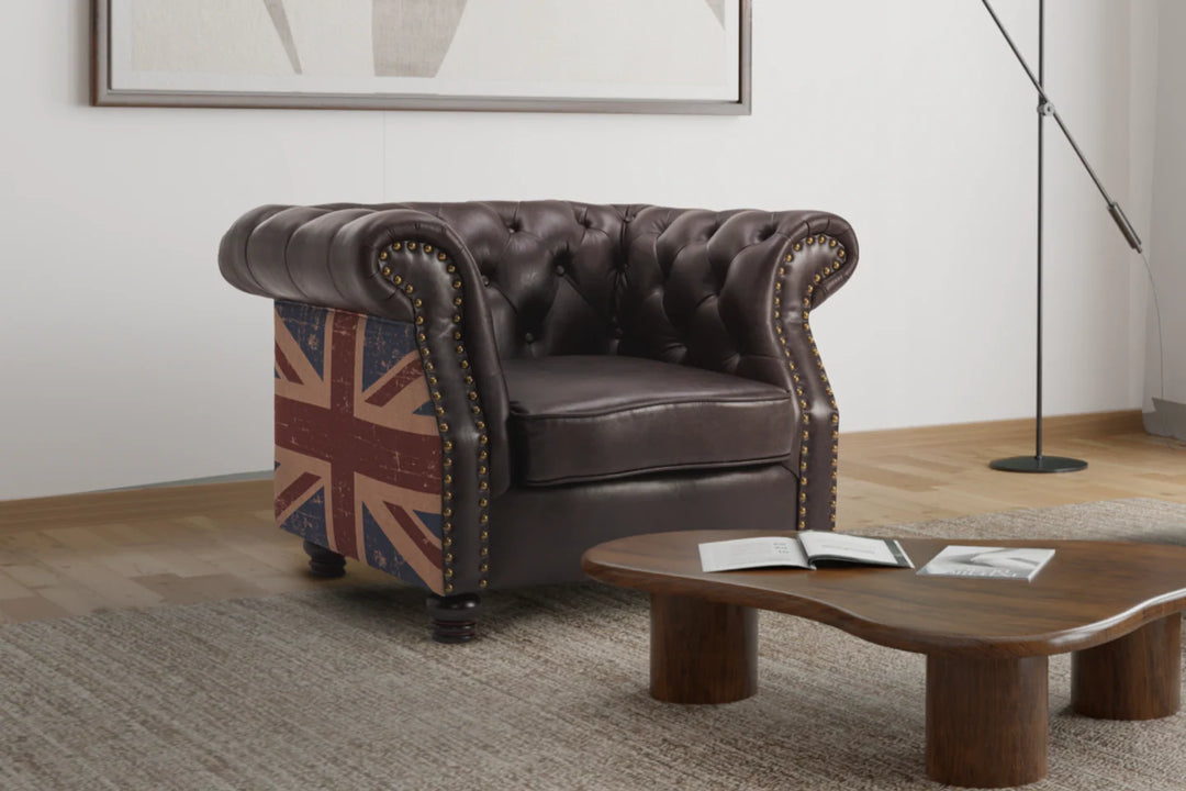 Union Jack brown faux leather Chesterfield chair