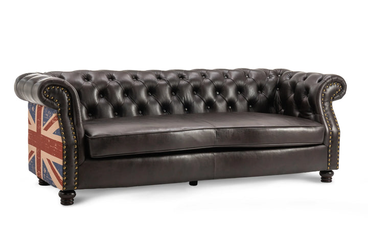Faux Leather Brown 3 Seater Union Jack Chesterfield Sofa