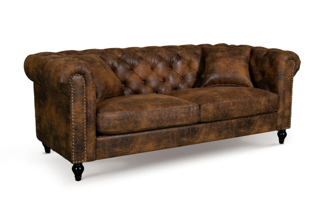 Faux Leather Suede Brown 3 Seater Chesterfield Sofa With Wooden Feet
