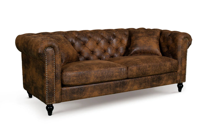Faux Leather Suede Brown 3 Seater Chesterfield Sofa With Wooden Feet