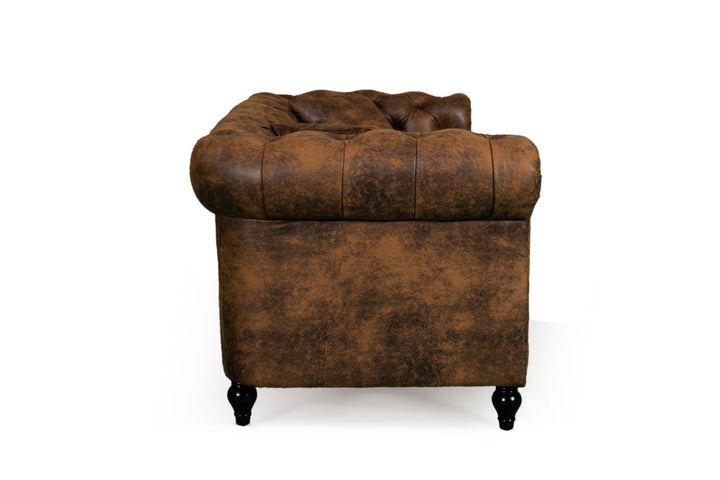 Faux Leather Suede Brown 3 Seater Chesterfield Sofa With Wooden Feet