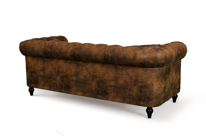Faux Leather Suede Brown 3 Seater Chesterfield Sofa With Wooden Feet