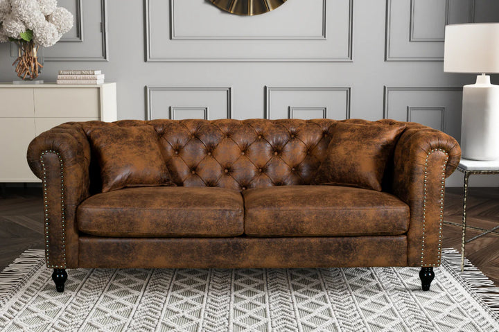 Faux Leather Suede Brown 3 Seater Chesterfield Sofa With Wooden Feet