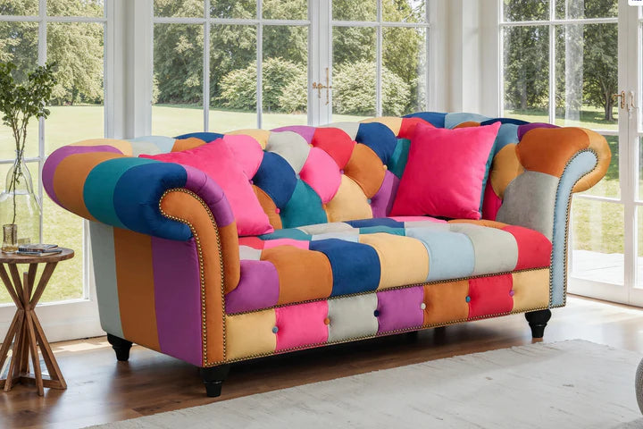 Multicoloured harlequin 2 seater Chesterfield sofa