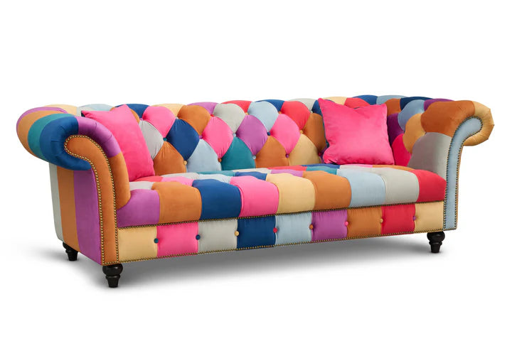 Multicoloured harlequin 2 seater Chesterfield sofa