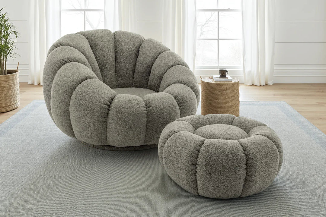 Bobois boucle swivel chair and footstool