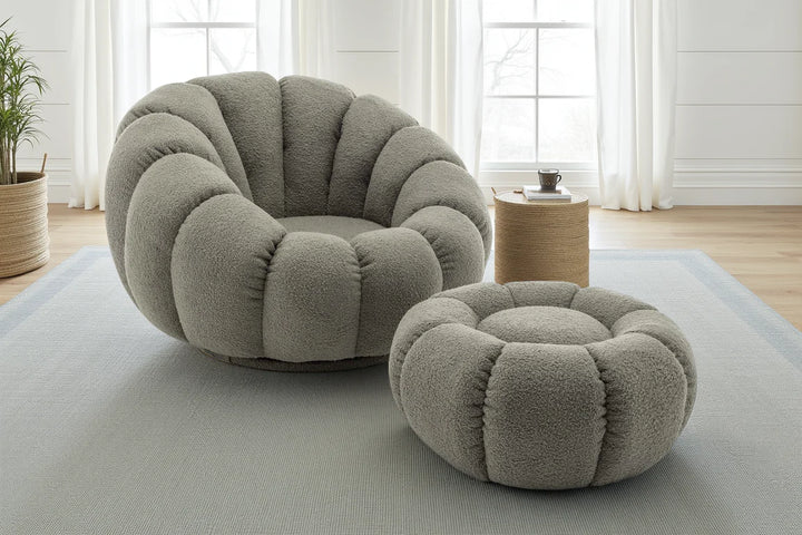 Bobois boucle swivel chair and footstool