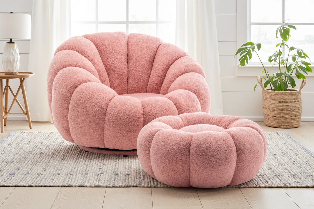 Bobois boucle swivel chair and footstool