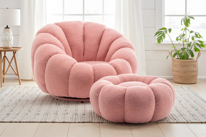 Bobois boucle swivel chair and footstool