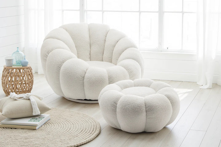 Bobois boucle swivel chair and footstool